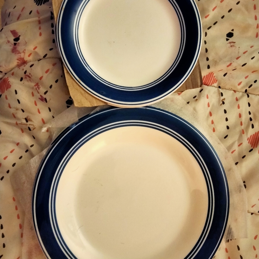 Anemone blue band stoneware pottery plates, mod vi